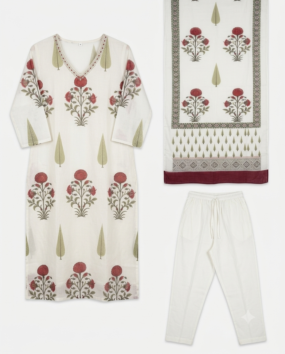 Kota Printed Salwar set - Off white and Green
