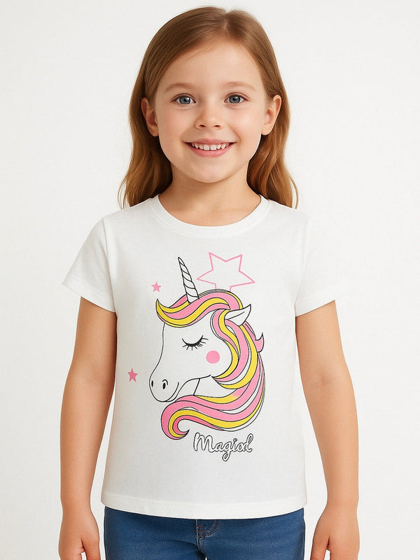 Girls Printed Stretch White T-Shirt