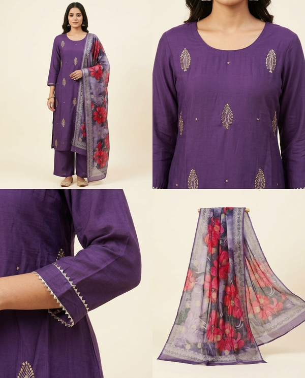 A four-panel collage showing a purple women's salwar kameez outfit with a floral dupatta. The top-left panel shows the full outfit on a model, while the top-right, bottom-left, and bottom-right panels show close-up views of the purple kurta with metallic embroidery and the matching sheer floral dupatta.