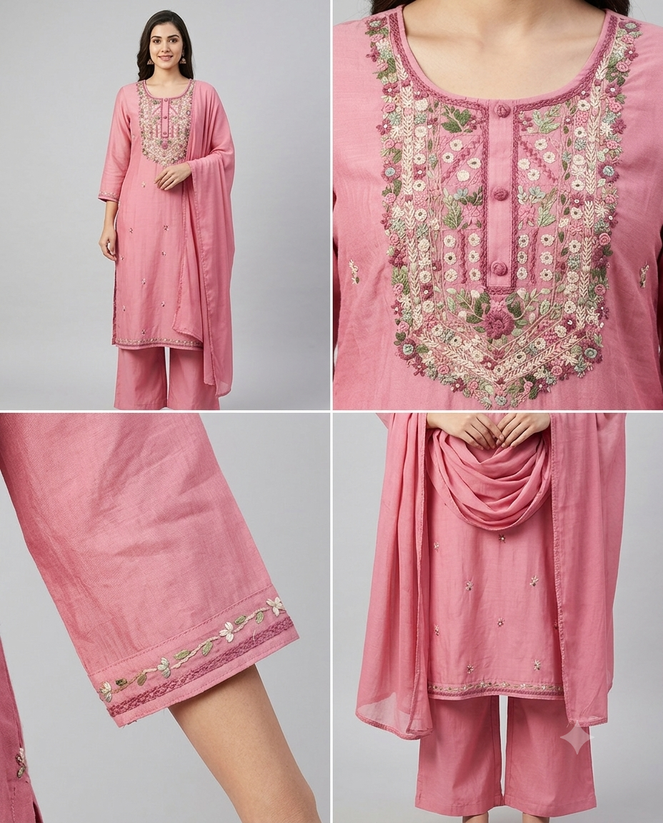 A four-panel collage showing a pink women's salwar kameez set with detailed floral embroidery and mirror work on the chest, matching trousers, and a draped dupatta, photographed on a light gray studio background.