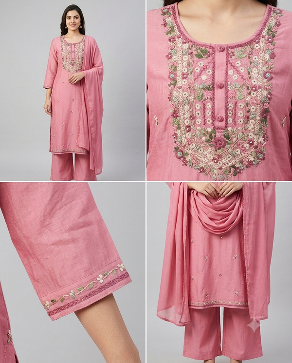 A four-panel collage showing a pink women's salwar kameez set with detailed floral embroidery and mirror work on the chest, matching trousers, and a draped dupatta, photographed on a light gray studio background.