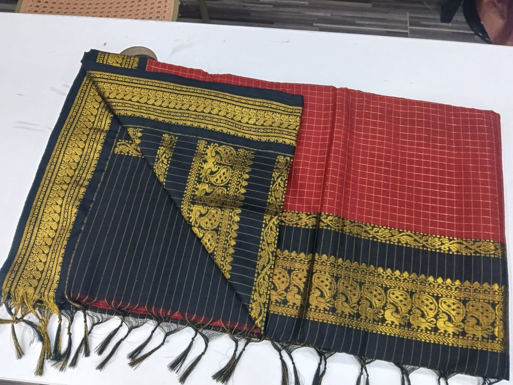 Elegant Checked Kalyani Cotton Saree Red With Black