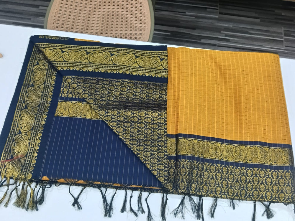 Elegant Checked Kalyani Cotton Saree Yellow With Blue