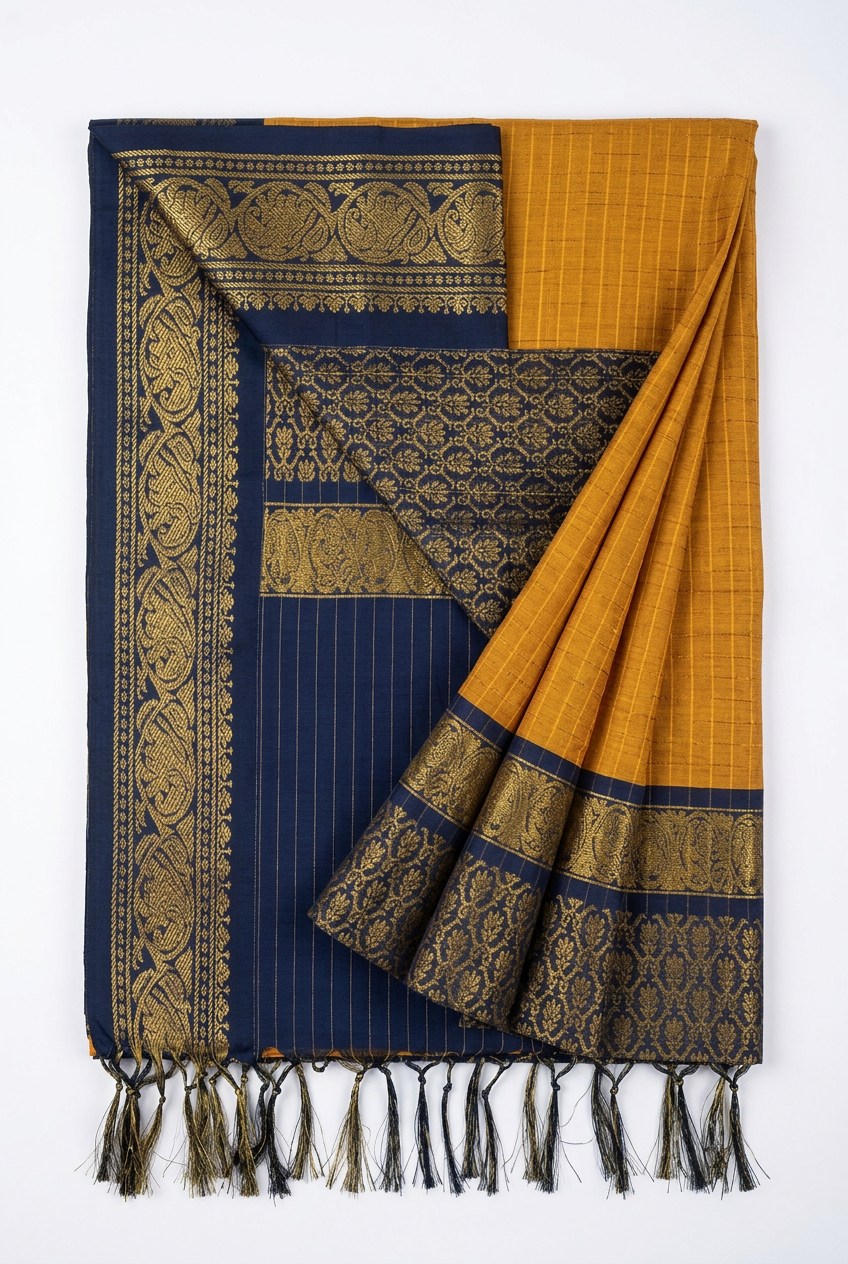 Elegant Checked Kalyani Cotton Saree Yellow With Blue