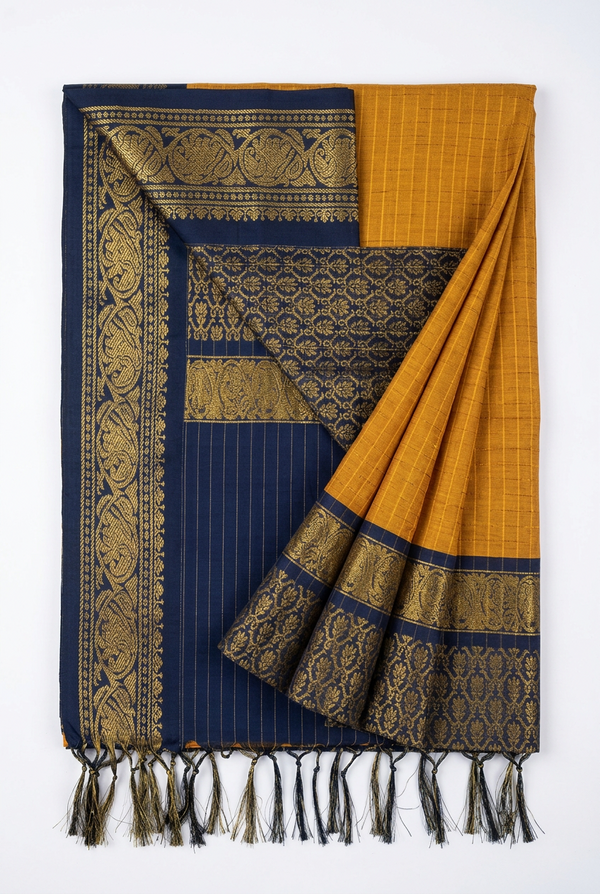 Elegant Checked Kalyani Cotton Saree Yellow With Blue