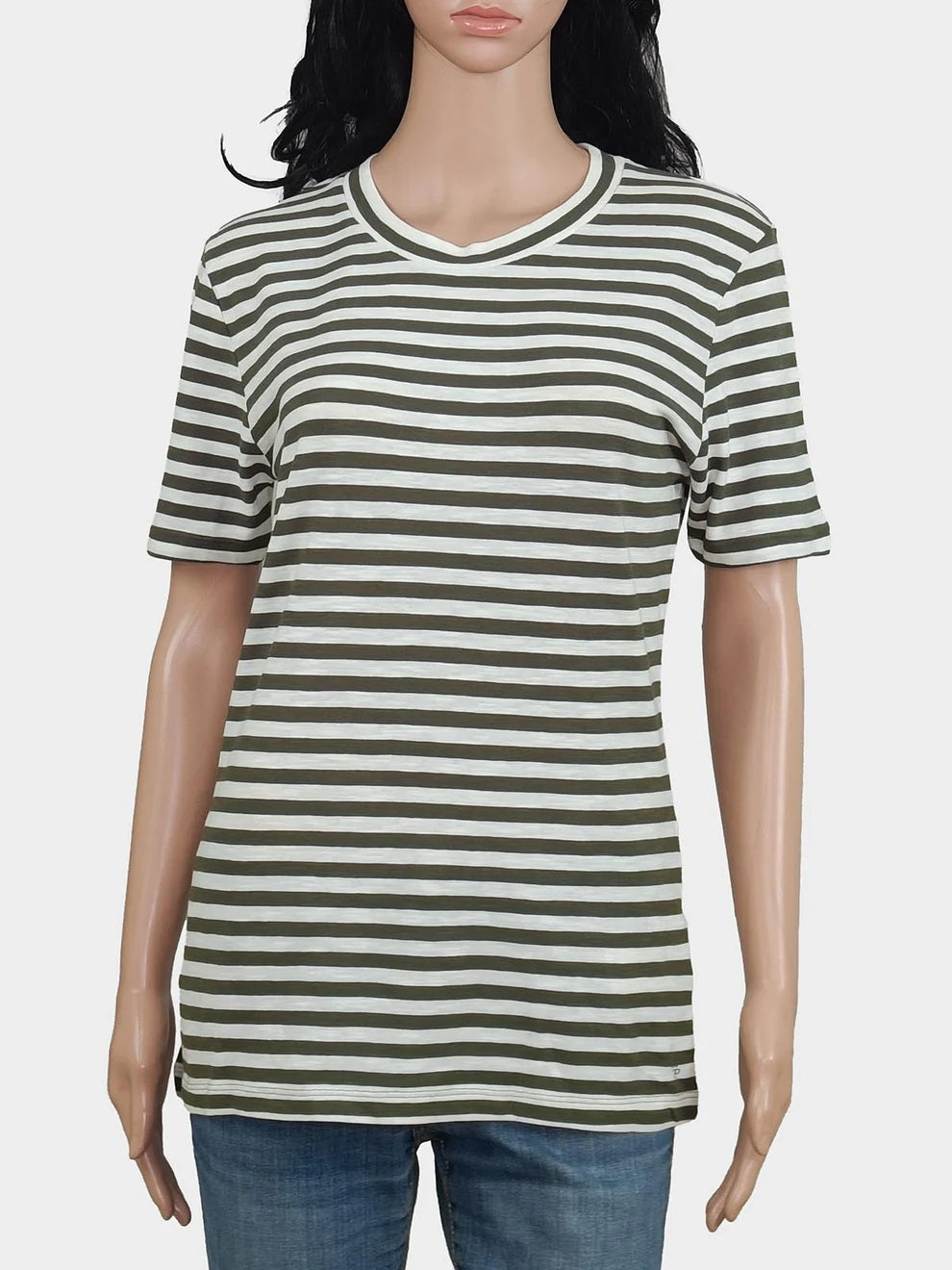 Mannequin wearing a green and white striped t-shirt on a white background