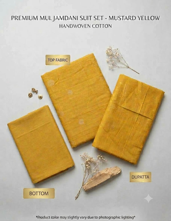 Elegant yellow Mul Jamdhani Suit Set - Unstitched