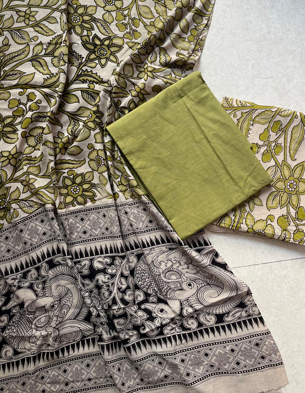 MANGALGIRI TOP COTTON KALAMKARI BOTTOM DUPATTA/-Green salwar material