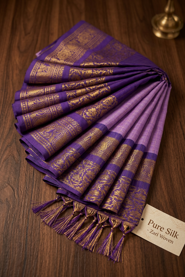 Elegant Checked Kalyani Cotton Saree Lavender With Violet