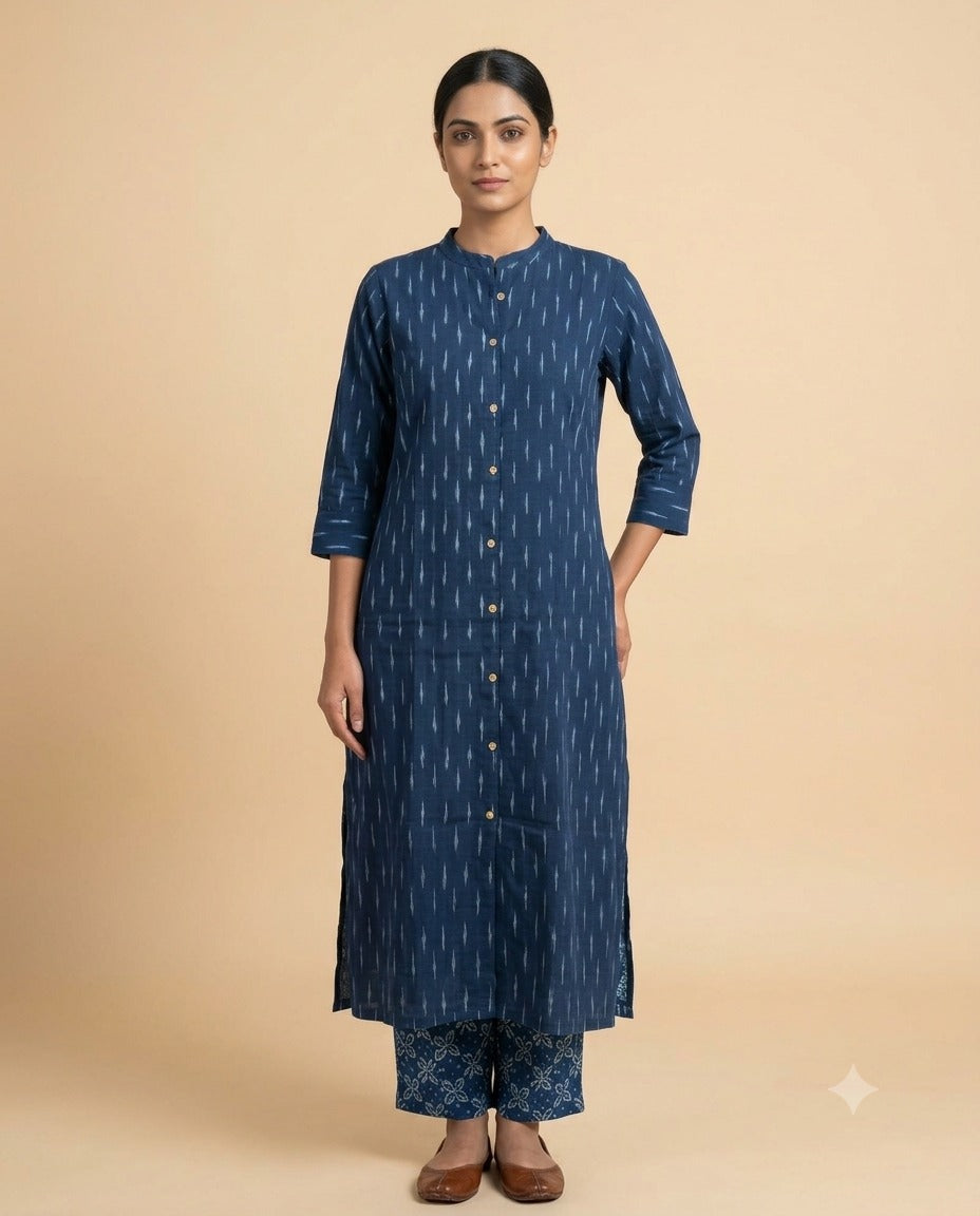 A woman modeling a dark blue indigo patterned long kurta with three-quarter sleeves and a button-up front, paired with matching patterned pants, against a solid beige studio background.