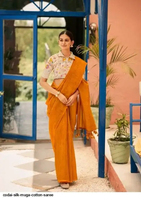 Linen Sarees Codai Cilk - Linen Sarees with Designer Blouse(unstitched) - Orange
