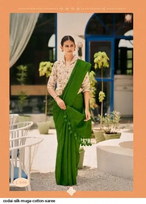 Linen Sarees Codai Cilk - Linen Sarees with Designer Blouse(unstitched) - Dark Green