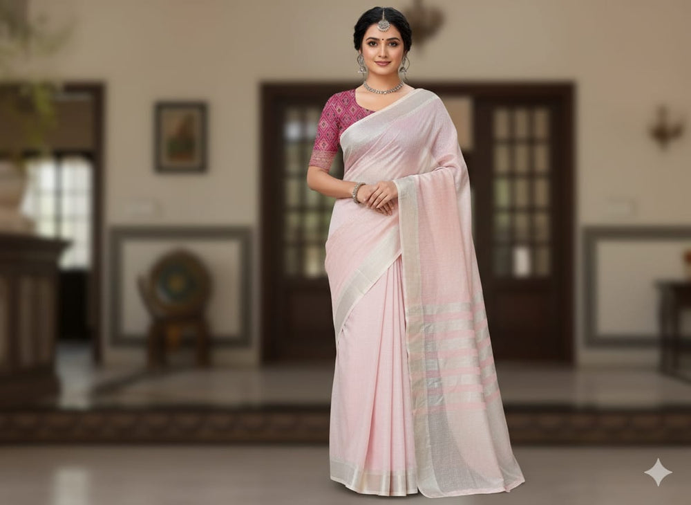 Pink Linen Saree With Designer Blouse