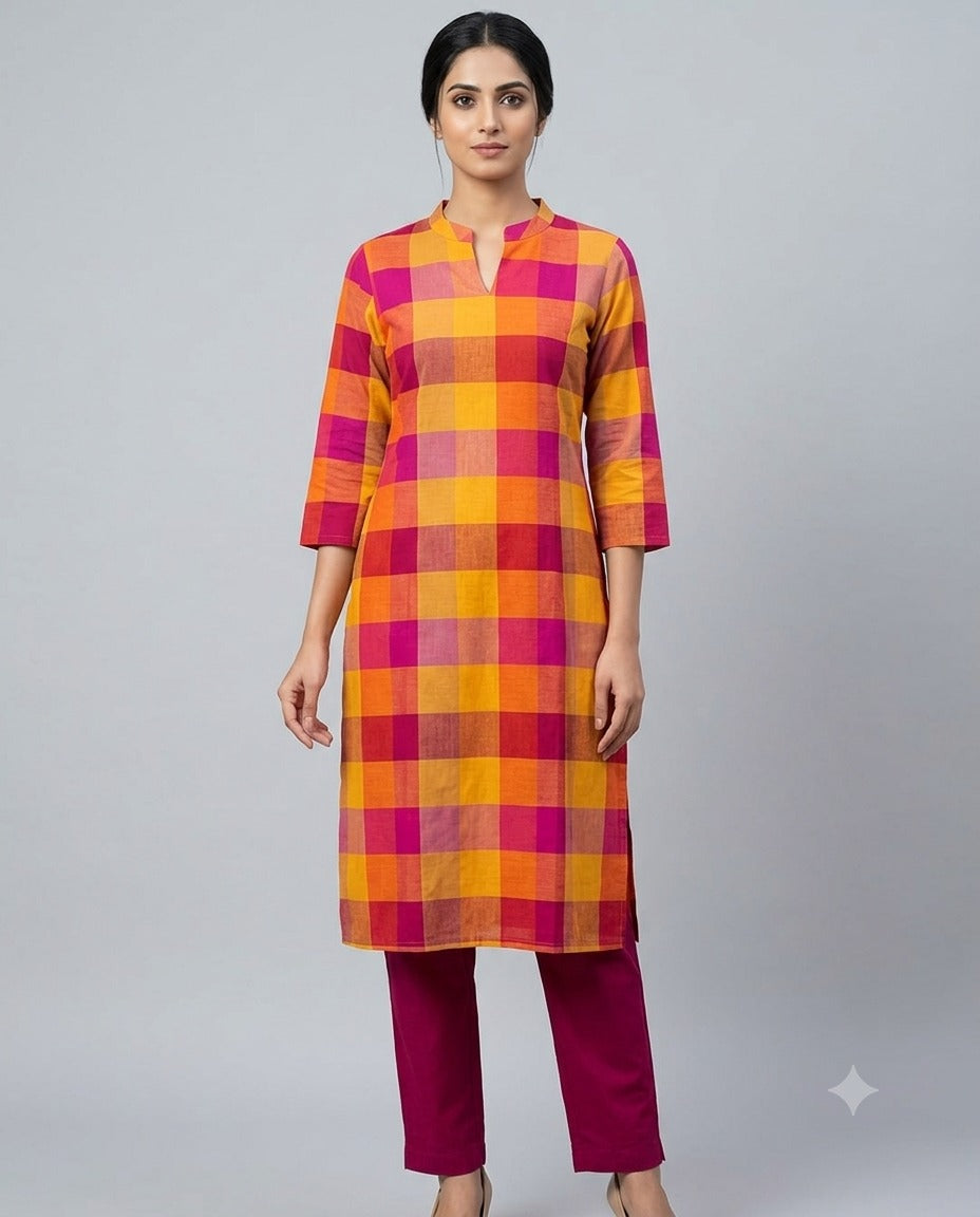 Evergreen Madras checks Kurti - Orange and Yellow