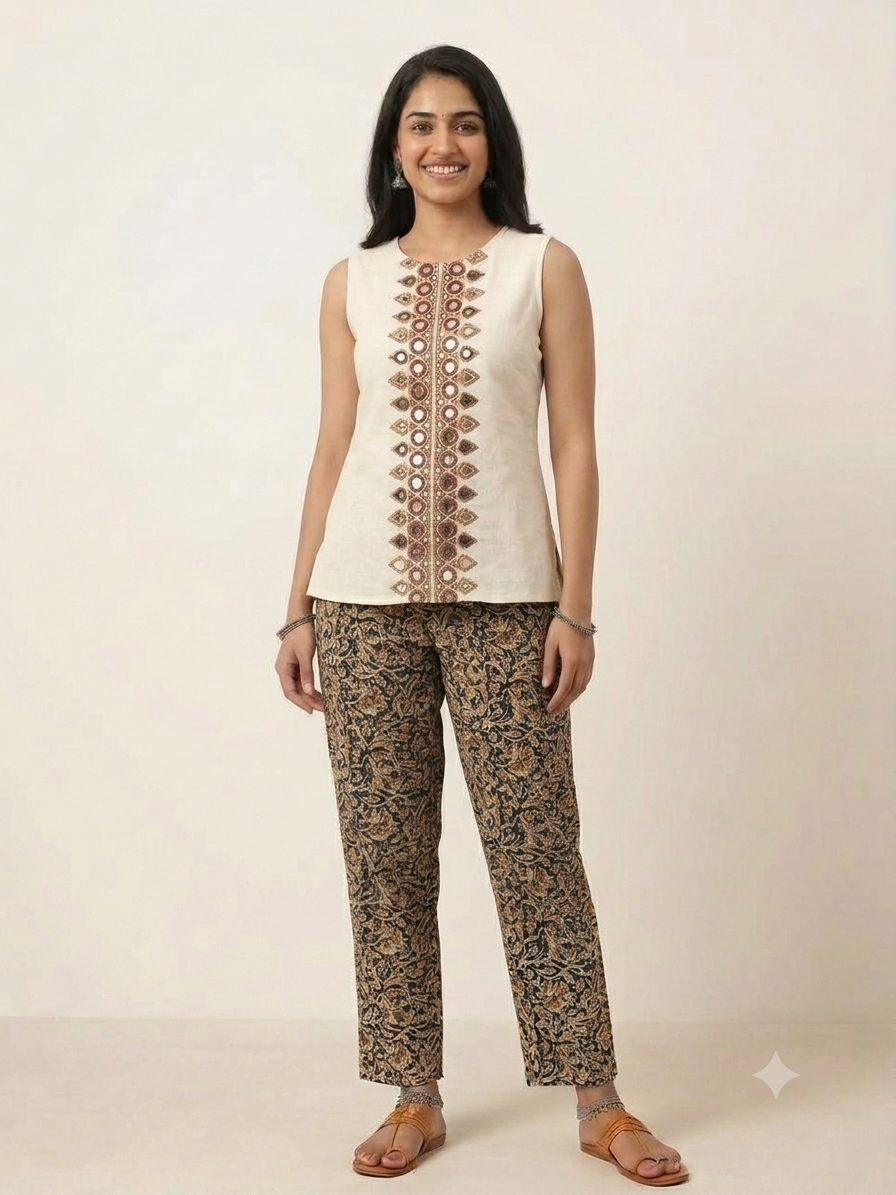 Kalamkari Regular Pant -Black Floral