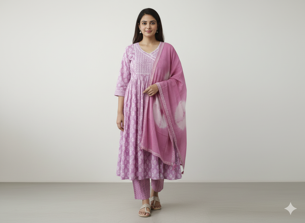Anarkali Cotton 3-Piece Set - Lavender with Chiffon Dupatta