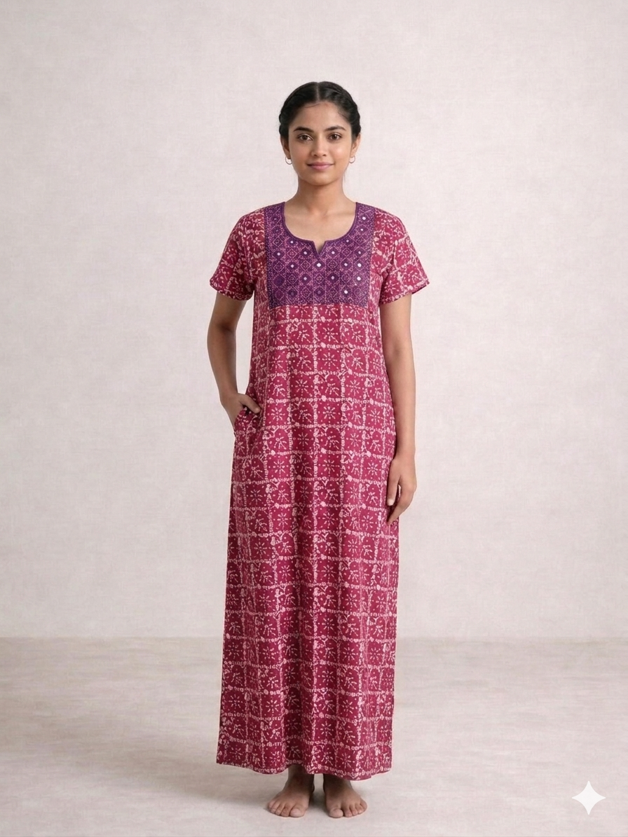 Shanthi Printed nighty with embroidery work Pink and Purple