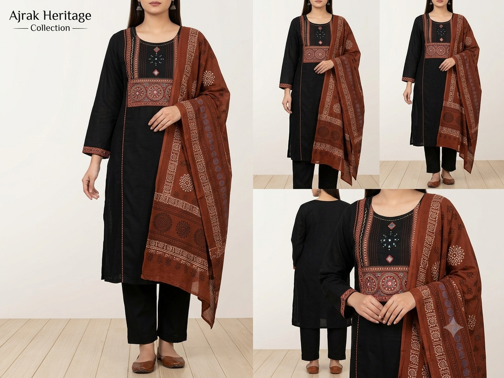 Black & Rust Ajrak Cotton Straight Kurta Set