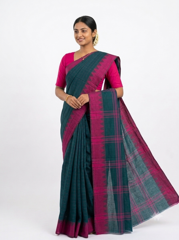 Handloom Cotton Saree with Thread Border – Green & Magenta - Without Running blouse
