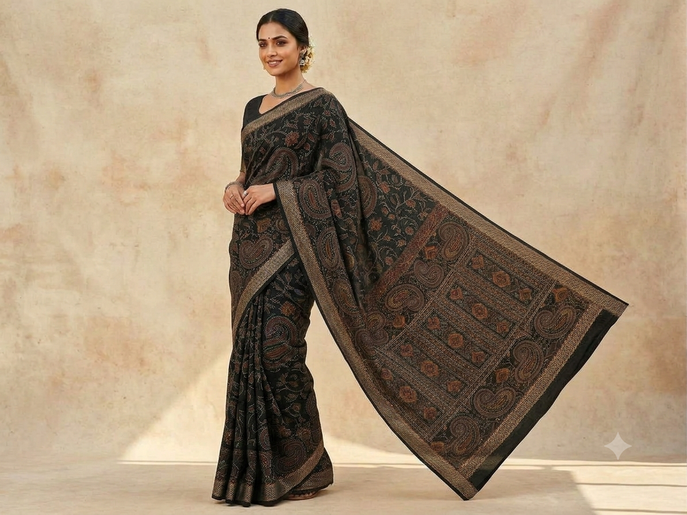 Black Floral printed Liva saree with zari border