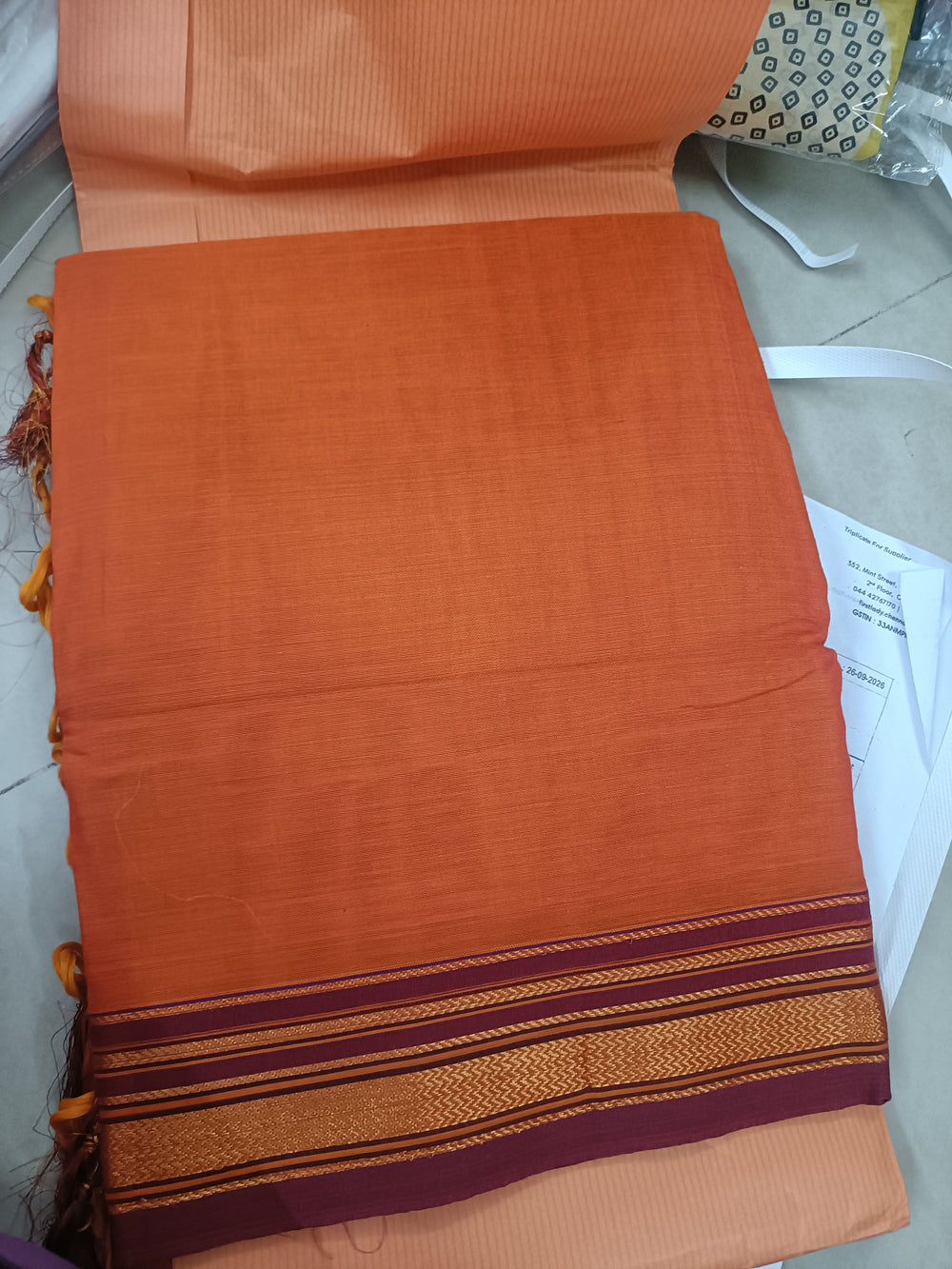 Handloom Cotton Saree with Zari Border – Orange & Maroon