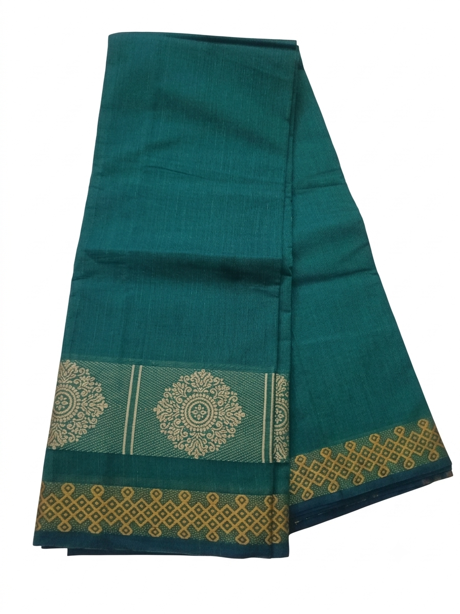 Handloom Cotton Saree | Teal Green with Traditional Thread Border & Kolam Design | Elegant Everyday Wear | Without Running blouse