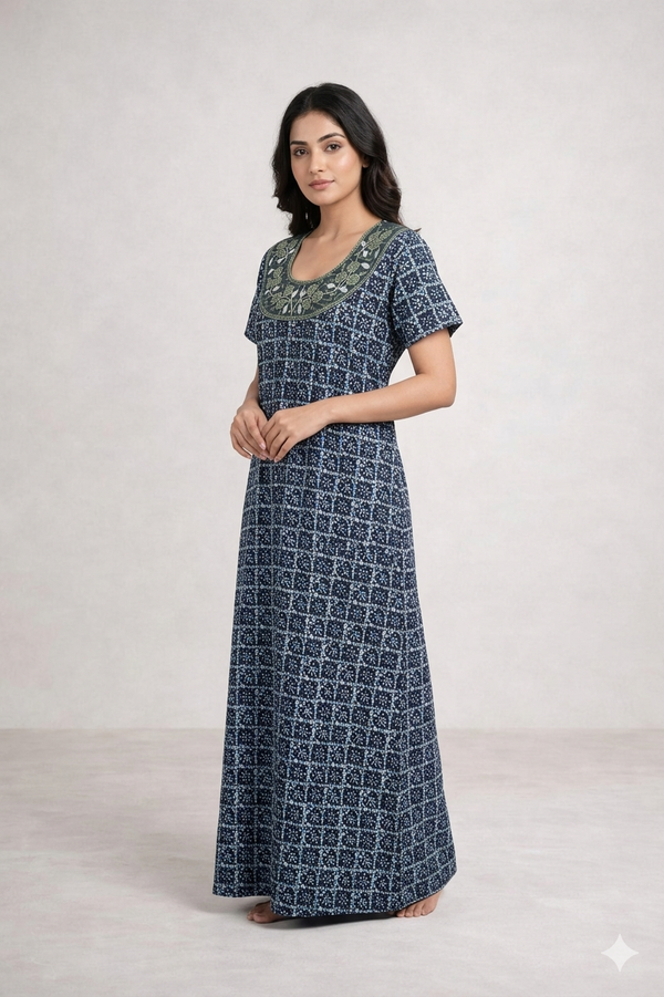 Shanthi Printed nighty with embroidery work Blue