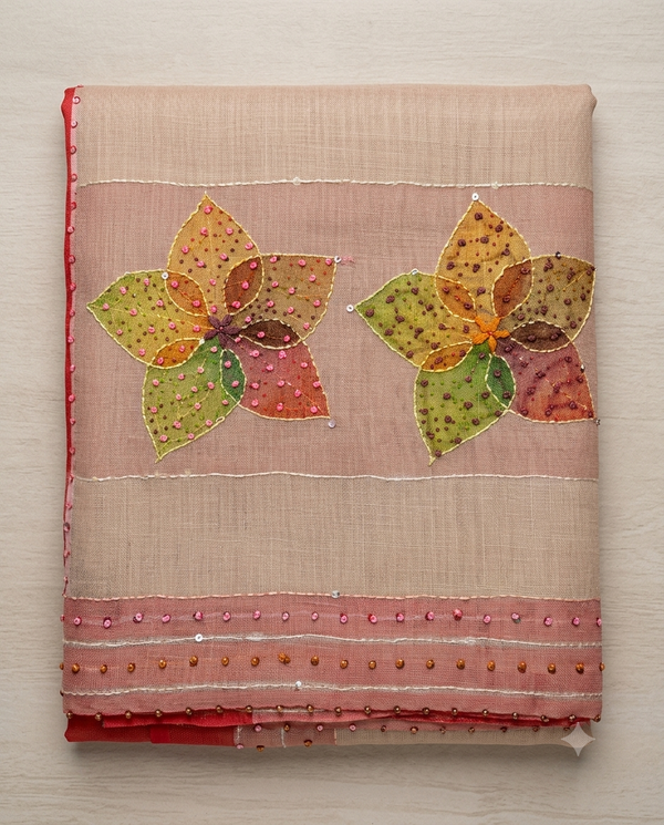 Handcrafted Floral Linen Tissue Saree- Pastel Elegance