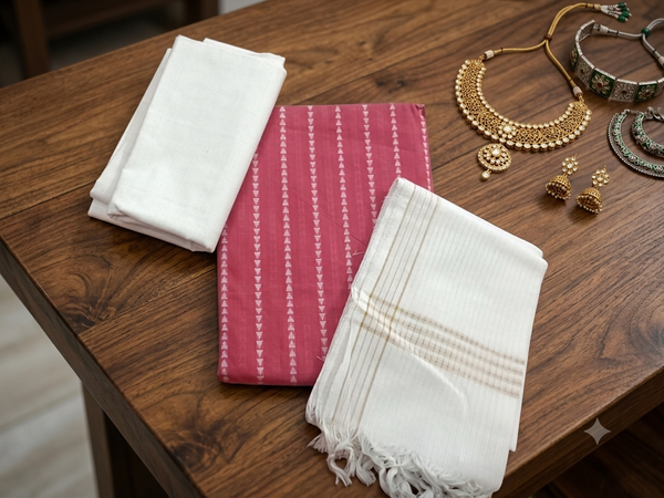 Pink Pure handloom cotton dress material with Mangalgiri cotton bottom & dhupatta