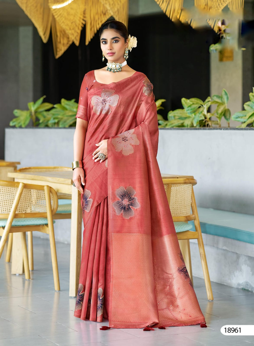 Silk Jacquard Sarees With Katha Work Embroidery coral pink