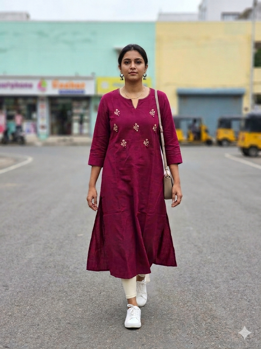 Pure cotton Frenchknot Embroidered long kurti Dark Pink