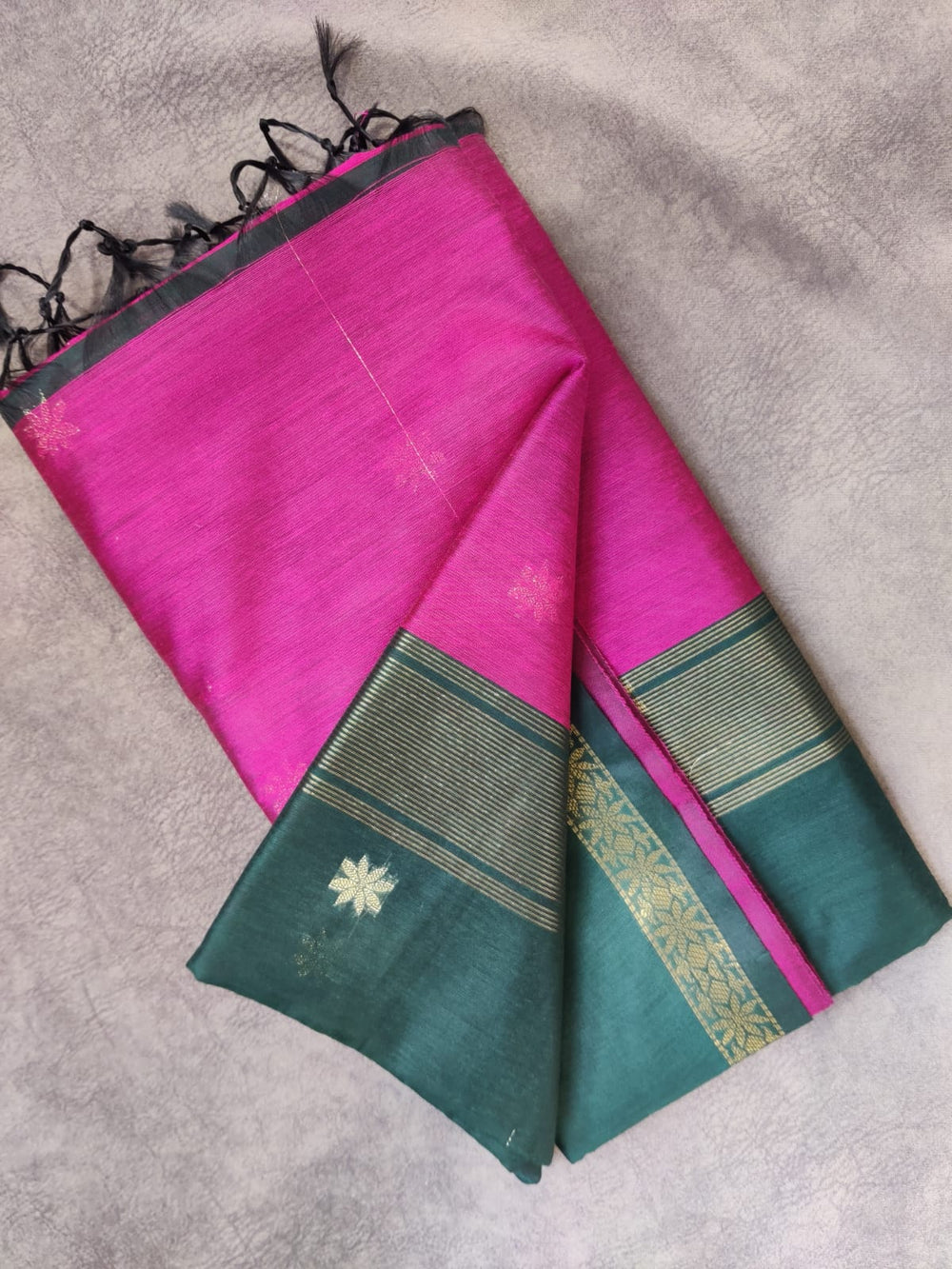 Magenta and Bottle Green Cotton saree with zari buttas