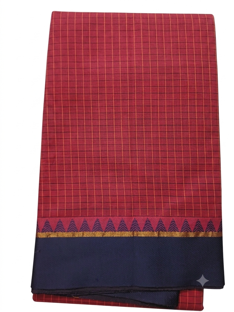 Handloom Double Vaarpu Cotton Saree – Maroon Checks with Navy Blue Temple Border - Without Running blouse