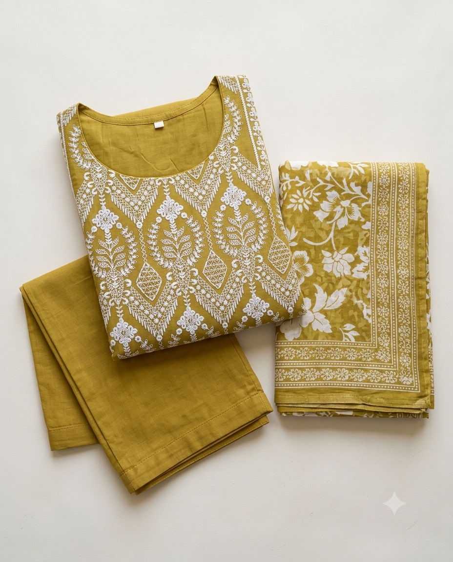 Mustard Yellow Semi Mul Chanderi Embroidered Salwar Set