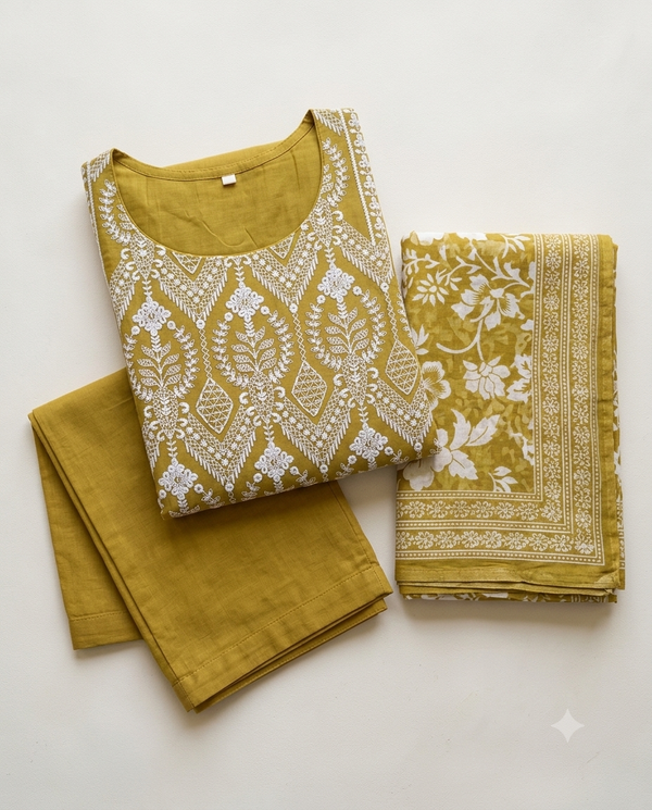 Mustard Yellow Semi Mul Chanderi Embroidered Salwar Set