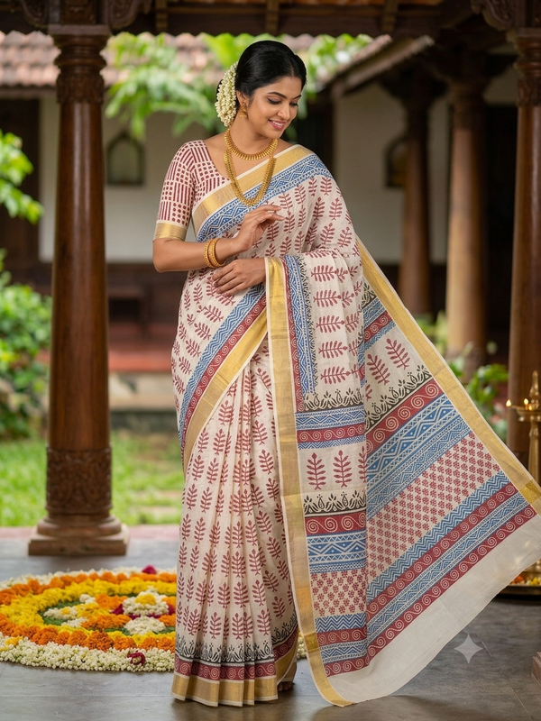 White and red Printed cotton saree