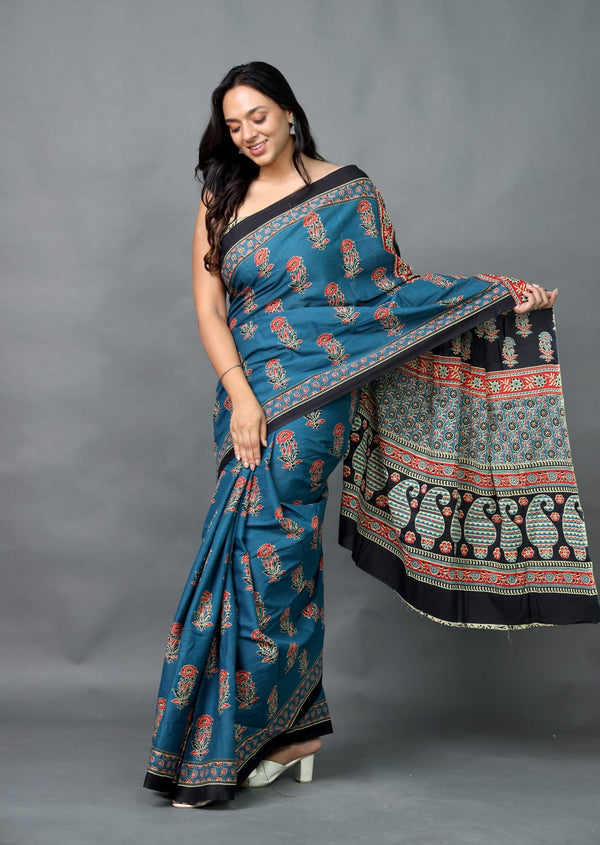 Teal Blue and black mul cotton saree