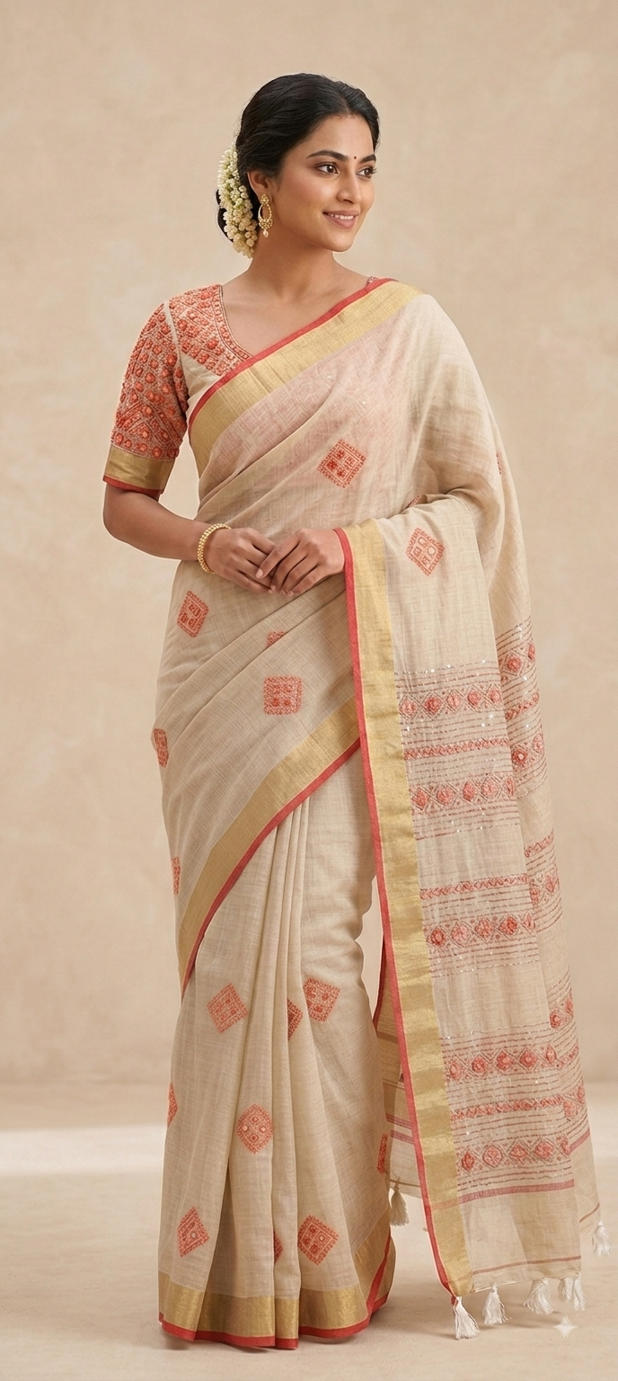 Ivory and Coral Pink Linen Tissue saree with Frenchknot embroidery