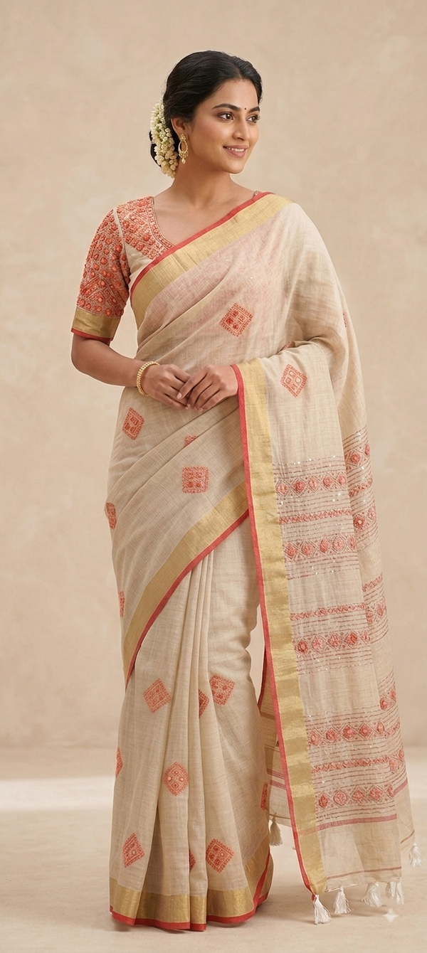 Ivory and Coral Pink Linen Tissue saree with Frenchknot embroidery