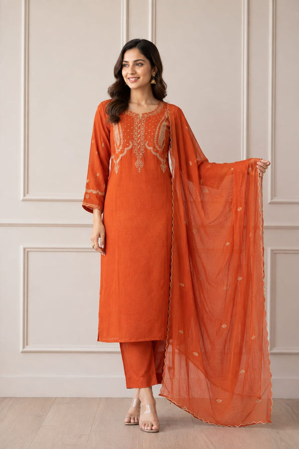 Rust Radiance Pure Mul chanderi Kurti set with Sequence work