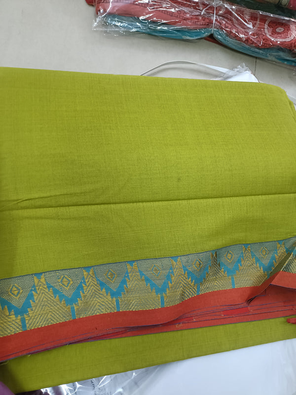 Handloom Cotton Saree with Zari Border – Green and Rust