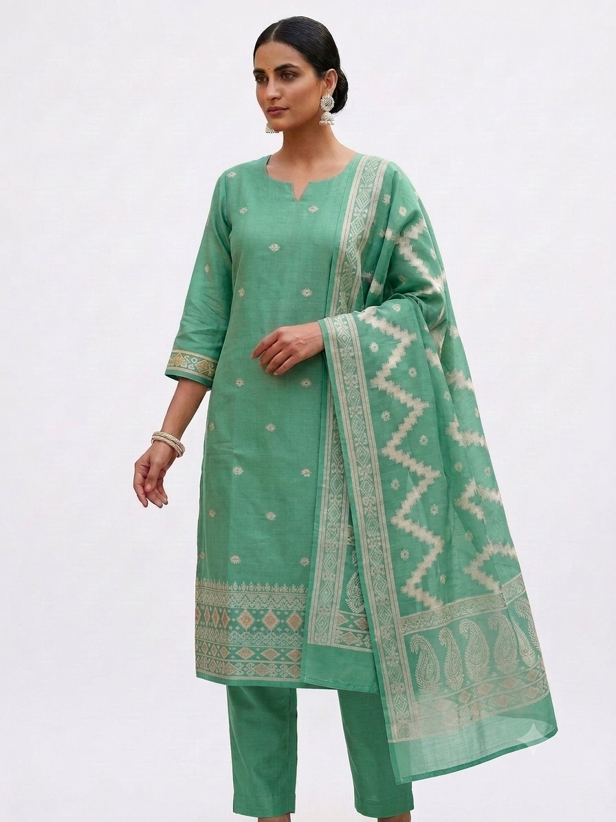 Pista Green Raw Silk Embroidered Salwar Set