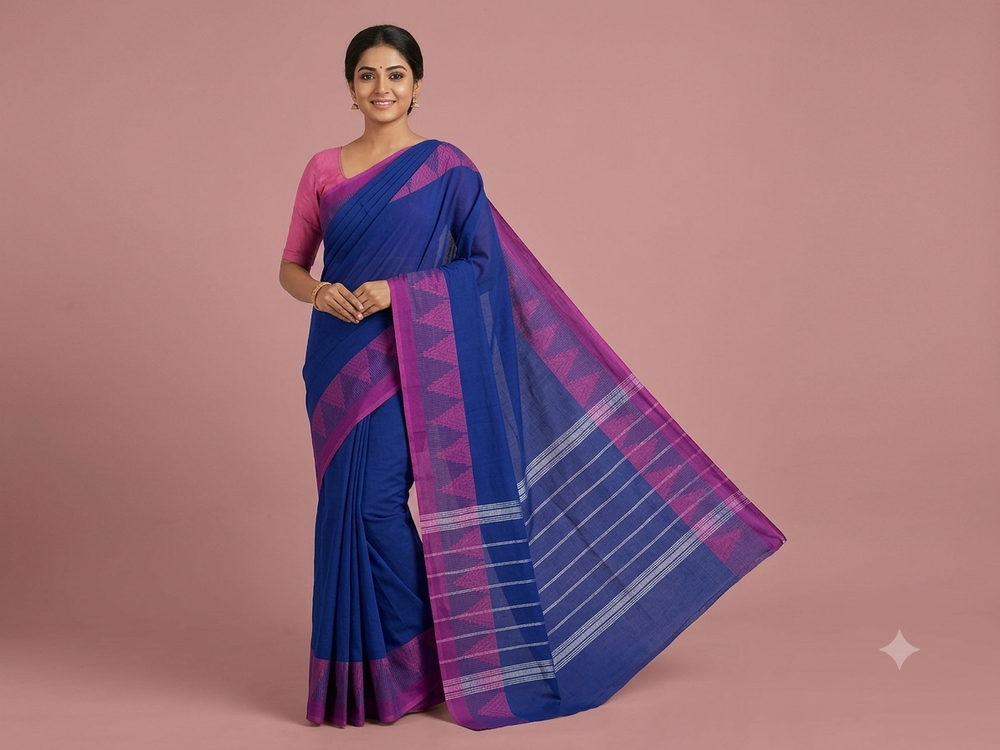 A woman modeling a royal blue and magenta saree with a pink blouse, standing against a solid dusty pink studio background.