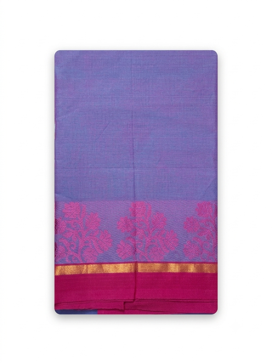 Handloom Cotton Saree with Zari & Thread Floral Border – Elegant Lavender Purple with Pink Contrast , Without Running blouse