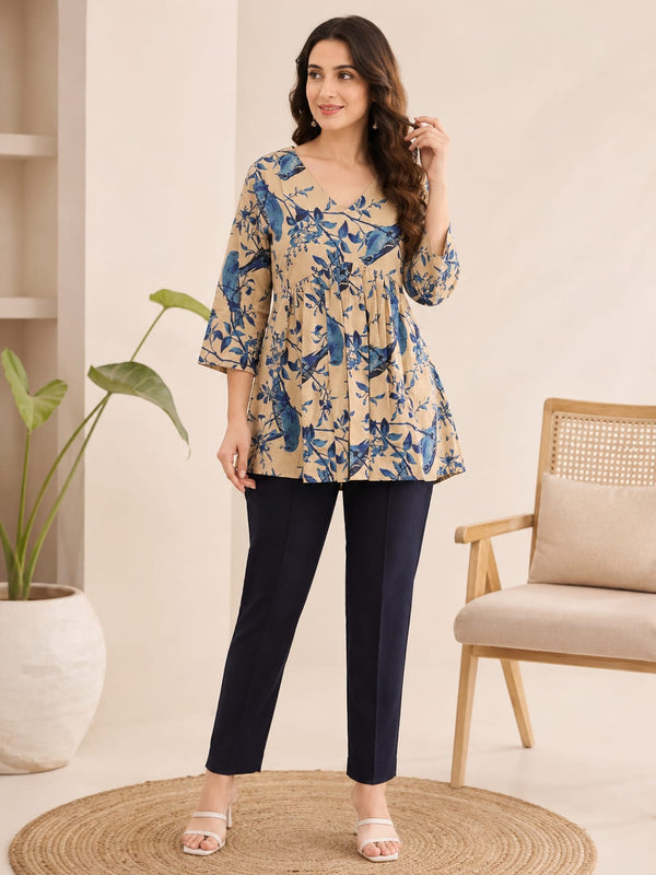Kalamkari Printed Aliacut Short Kurti - Blue