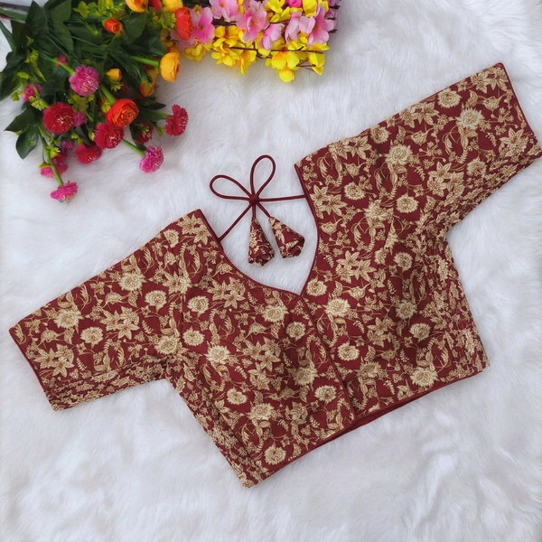 Princess cut Side Elastic Floral Cotton Readymade blouse - Maroon