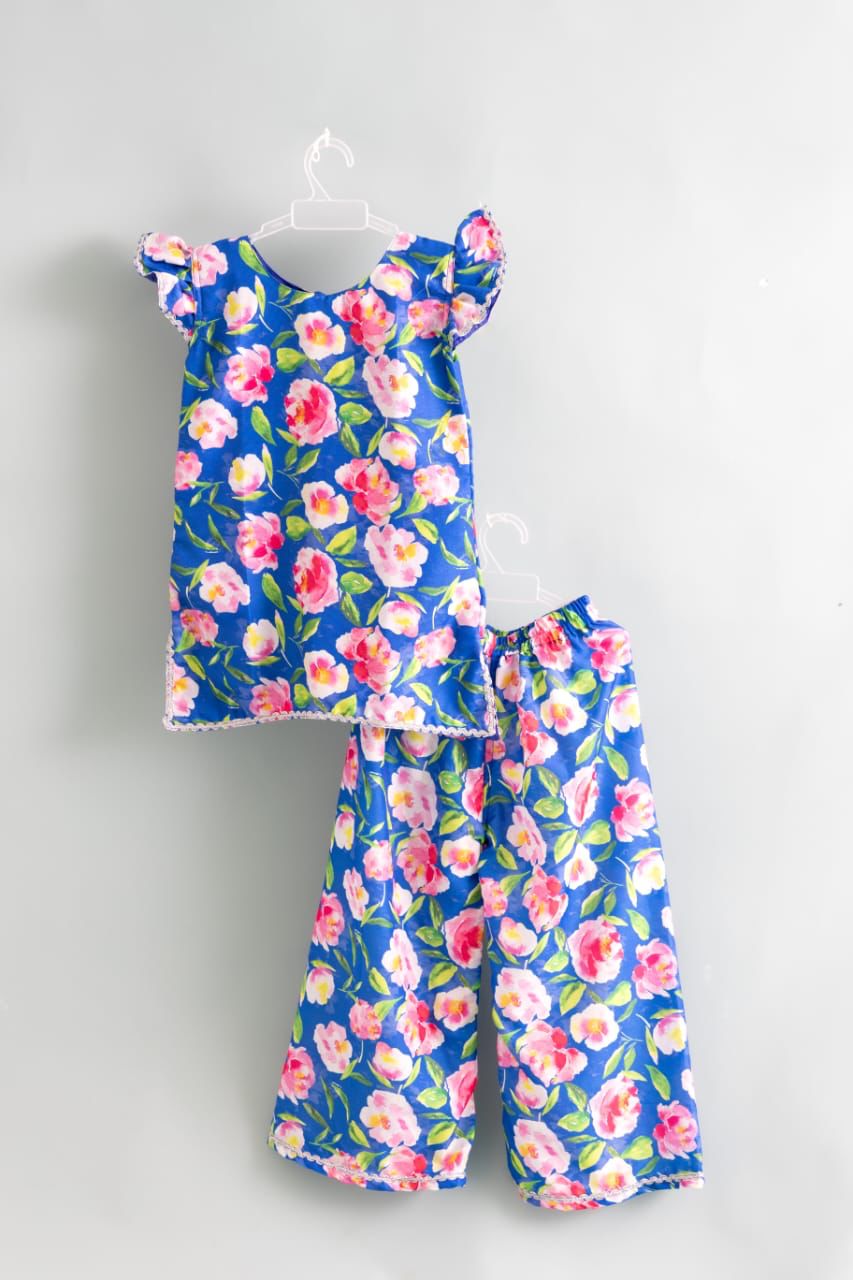 Royal Blue Peony Flutter-Sleeve Palazzo Set