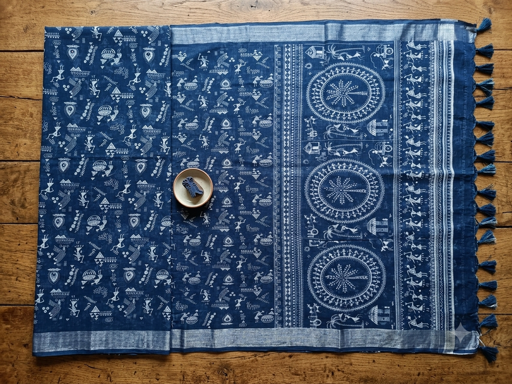 Indigo Tribal Printed Linen Saree with Mirror work