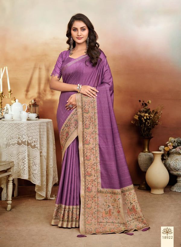 Premium Tussar Sarees With Embroidery Madhubani Threadwork purple