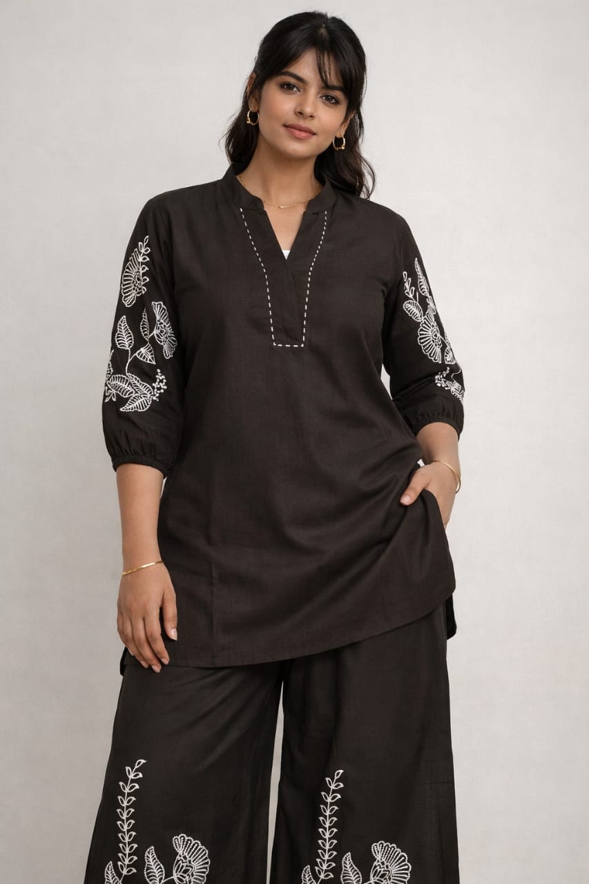 Pure cotton embroidered coord set - Khaki green L